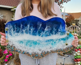 Decorative Extra Large ocean Resin Serving platter Tray 24X15 tray charcuterie Serving board Resin Tabletop Tray Christmas Gift for Wife.