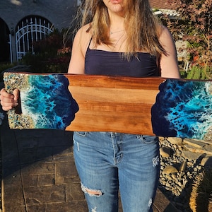 Extra Large Charcuterie Board / Cheese board / Serving tray with handles/ Wood and Resin tray 31.5X9 Resin ocean and waves glass beach