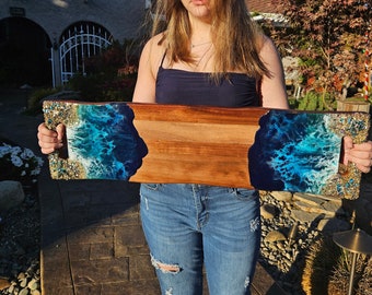 Extra Large Charcuterie Board / Cheese board / Serving tray with handles/ Wood and Resin tray 31.5X9 Resin ocean and waves glass beach