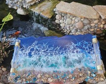 HANDGJORD Stor Dekorativ Hav och Vågor Hartsbricka Glas Elegant Bricka Med Guldkristallhandtag Parfymbricka Geod Hartsbricka Strandunderlägg