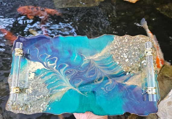 Decorative Resin epoxied tray Large Elegant Tray W/ Gold crystal Handles Perfume Tray Resin Tray Peacock feathers Handmade
