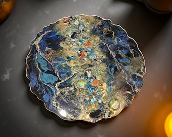Handmade Glass, Jasper and resin coffee table serving tray, northern lights galaxy modern art. LARGE 13"