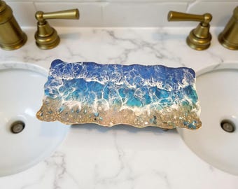HANDMADE  Large Decorative ocean and waves Resin epoxied tray glass Elegant vanity Tray W/ Gold Beach