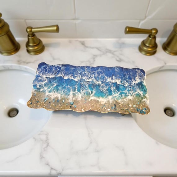 HANDMADE Large Decorative ocean and waves Resin epoxied tray glass Elegant vanity Tray W/ Gold Beach