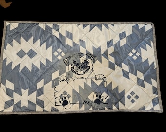 Pug Dog blanket quilted place training mat, settle mat, Dog bed, Service dog, Custom made for travel or us as under bowl mat