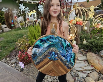 Extra Large Ocean Charcuterie Board / Cheese board / Serving tray with handles/ Wood and Resin tray 31.5X9 Resin ocean waves glass beach