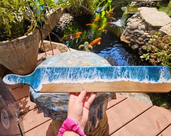 Ocean Charcuterie Board / Cheese board / Serving tray with handle/ Wood and Resin tray 22X3.5 Resin ocean and waves glass