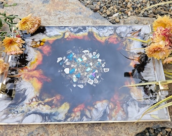Milky Resin Epoxied Sunflower on Fire Serving Tray with handles. Handmade Glass Accents. Unique Gifts for someone with everything