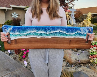 Extra Large Ocean Charcuterie Board / Cheese board / Serving tray with handles/ Wood and Resin tray 31.5X9 Resin ocean and waves glass