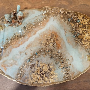Handmade Large resin tray with handles ,quartz geode, Golden river art