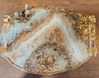 Handmade Large resin tray with handles ,quartz geode, Golden river art