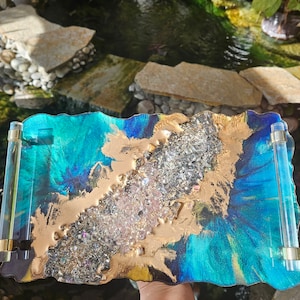HANDMADE 14x8  Decorative Resin tray epoxied tray Elegant Tray W/ Gold crystal Handles Perfume Tray Geode Resin Tray Coasters