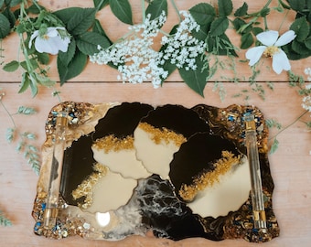 Black white Gold Marble granite like table resin coaster set