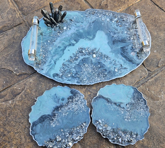 Geode Resin Tray | Serving Tray | Jewelry Tray | Makeup Vanity tray / Resin tray with handles, Perfume tray, Epoxied tray, Wine Cheese tray
