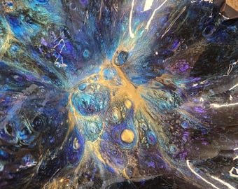 Peacock lover Resin Bowl/Vase sculpture. Resin peacock colors hand poured sculpture,  Modern Art Handmade ART  Bowl with glass base