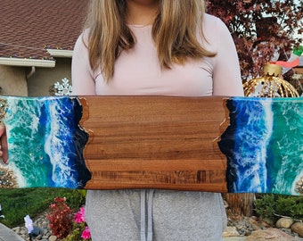 Extra Large Ocean Charcuterie Board / Cheese board / Serving tray with handles/ Wood and Resin tray 31.5X9 Resin ocean waves glass beach