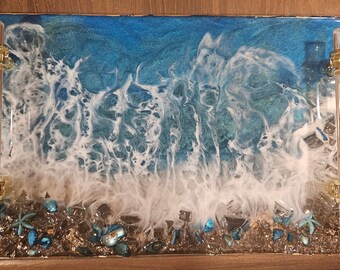 Handmade resin tray with handles, Ocean and waves resin art serving tray / decorative tray beach tray trinket tray Jewelry tray glass beach