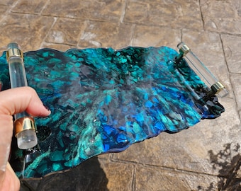 HANDMADE Large Decorative Resin tray mosaic Glass Elegant Tray W/ Gold crystal Handles Perfume Tray Resin Tray Coasters