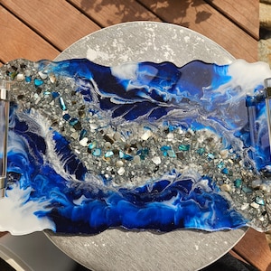 River Table serving tray with Glass Elegant decorative Tray W/ silver Handles Perfume Tray Resin Tray charcuterie or bedside tray