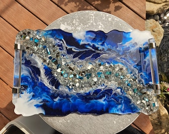 River Table serving tray with Glass Elegant decorative Tray W/ silver Handles Perfume Tray Resin Tray charcuterie or bedside tray