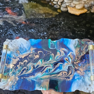 HANDMADE Large Decorative Resin tray Elegant Tray W/ Gold crystal Handles Perfume Tray Geode Resin Tray Coasters
