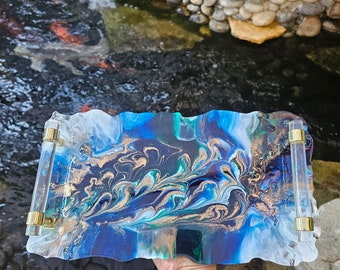 HANDMADE Large Decorative Resin tray Elegant Tray W/ Gold crystal Handles Perfume Tray Geode Resin Tray Coasters