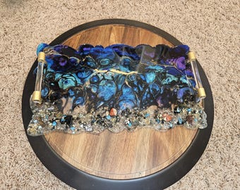 Handmade Witchy Resin Tray with Jasper & Crystal Glass | Tarot Card Holder Tray | Gothic Celestial Decor | Altar Tray | Mystic Home Decor