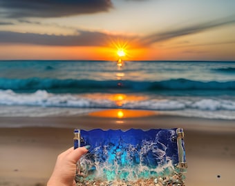 HANDMADE Large Decorative ocean and waves Resin tray glass Elegant Tray W/ Gold crystal Handles Perfume Tray Geode Resin Tray epoxied tray