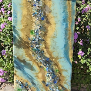 May include: A rectangular serving tray with a blue and gold resin base and embedded blue and green glass pieces. The tray has two gold metal handles.