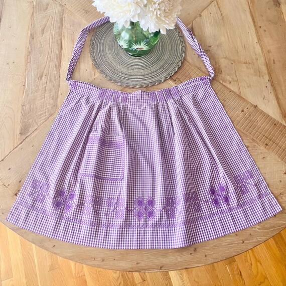Vintage Purple Gingham Apron | Farmhouse Apron Embroidered Floral Detail, Cottagecore Kitchen