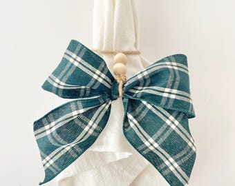 Green Plaid Bow Ornament – Cottagecore Napkin Ring – Rustic Gift Tag – Farmhouse Holiday or Table Decor