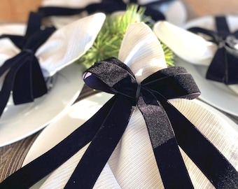 4 Handmade Black Double Velvet Bow With Satin Tie Napkin Rings | Long Tails
