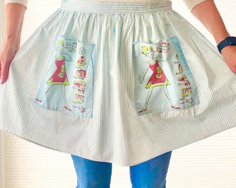 1950s Blue Striped Apron: Retro Cartoon Pin-Up Pockets
