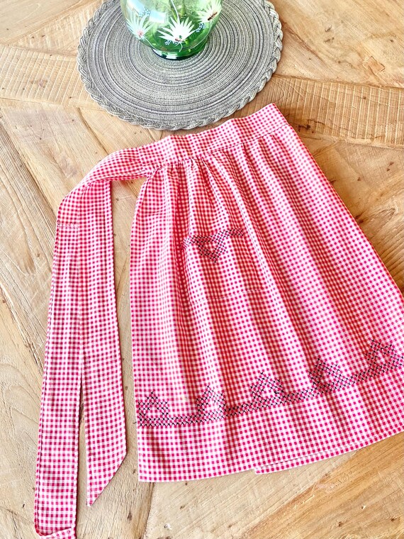 Vintage Red Gingham Half Apron | Hand Embroidered Cottagecore Kitchen