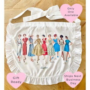 Vintage Simplicity Fashion Illustration Apron, Mid Century Hostess Apron with Ruffle, Sewing Room Decor