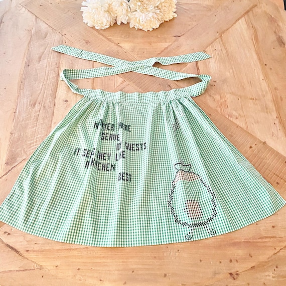 Vintage 1950s Green Gingham Half Apron | Hand Embroidered Cross Stitch Kitchen Apron