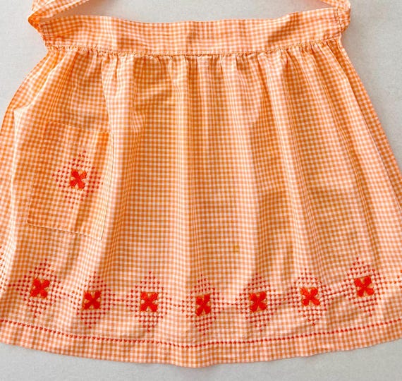 Vintage Orange Gingham Half Apron Farmhouse Cottagecore Embroidered Apron Retro Kitchen Apron Orange Check Apron
