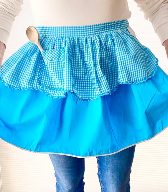 Vintage Blue Gingham Half Apron