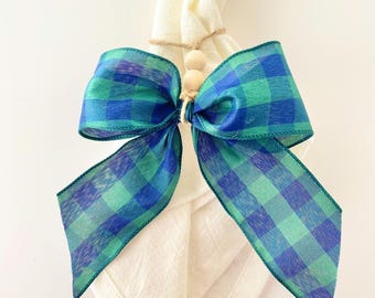 Blue and Green Plaid Bow Ornament – Cottagecore Napkin Ring – Rustic Gift Tag – Farmhouse Holiday or Table Decor