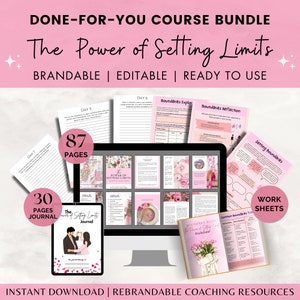 May include: A digital product bundle titled "The Power of Setting Limits" with a pink and white design. The image shows a computer monitor, tablet, and printed worksheets. The bundle includes 87 pages of content, 30 pages of journal prompts, and work sheets.