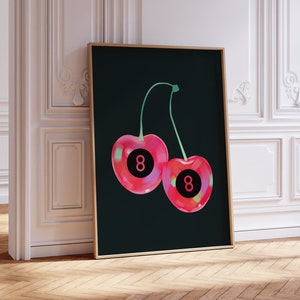 Trendy Retro 8 Ball Cherry Print, Cherries Apartment Wall Art, Lucky Girl Syndrome, Funky Bar Cart Art, Vintage Photography Prints, DIGITAL