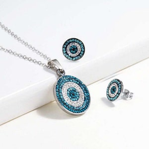 Evil Eye Necklace in Stainless Steel, Gift for Her, Lucky Charm, Silver Necklace, Earring Set, Valentines Gift, Bestfriend, Mal de ojo