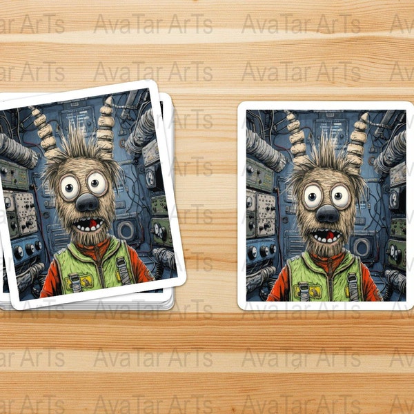 Quirky Sci-fi Illustration, Cartoon Character in Space Station, Digital Wall Art, Fun Creature Poster, Downloadable Print Digital Download