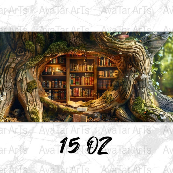 3D Enchanted Forest Library Bookshelf 3D Coffee Mug, Unique Literary Gift for Book Lovers, Fantasy Themed Kitchen Decor Instant Download