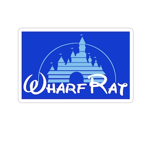 May include: A rectangular sticker with a blue background featuring a light blue castle silhouette and palm trees. The white text "Wharf Ray" is arched below the castle design.