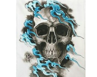 Velveteen Plush Blanket Skull blue flame