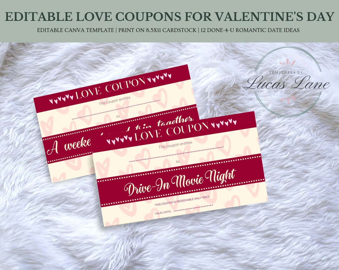 Editable Love Coupons Template, Customizable/printable Valentines