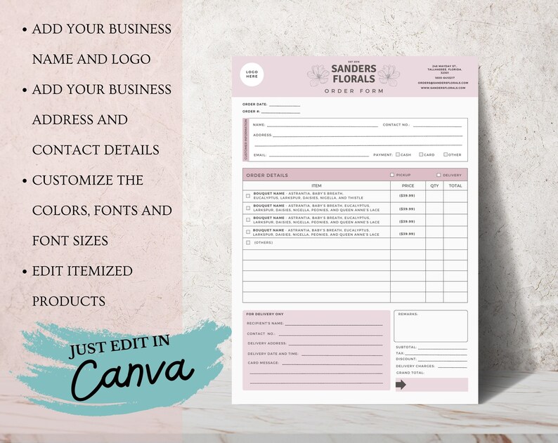 Editable Florist Order Form Template, Custom Florist Business Order