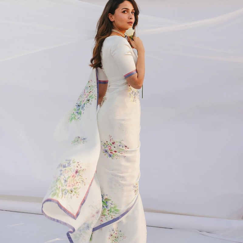 Lilac & Off White Satin Silk Designer Saree
