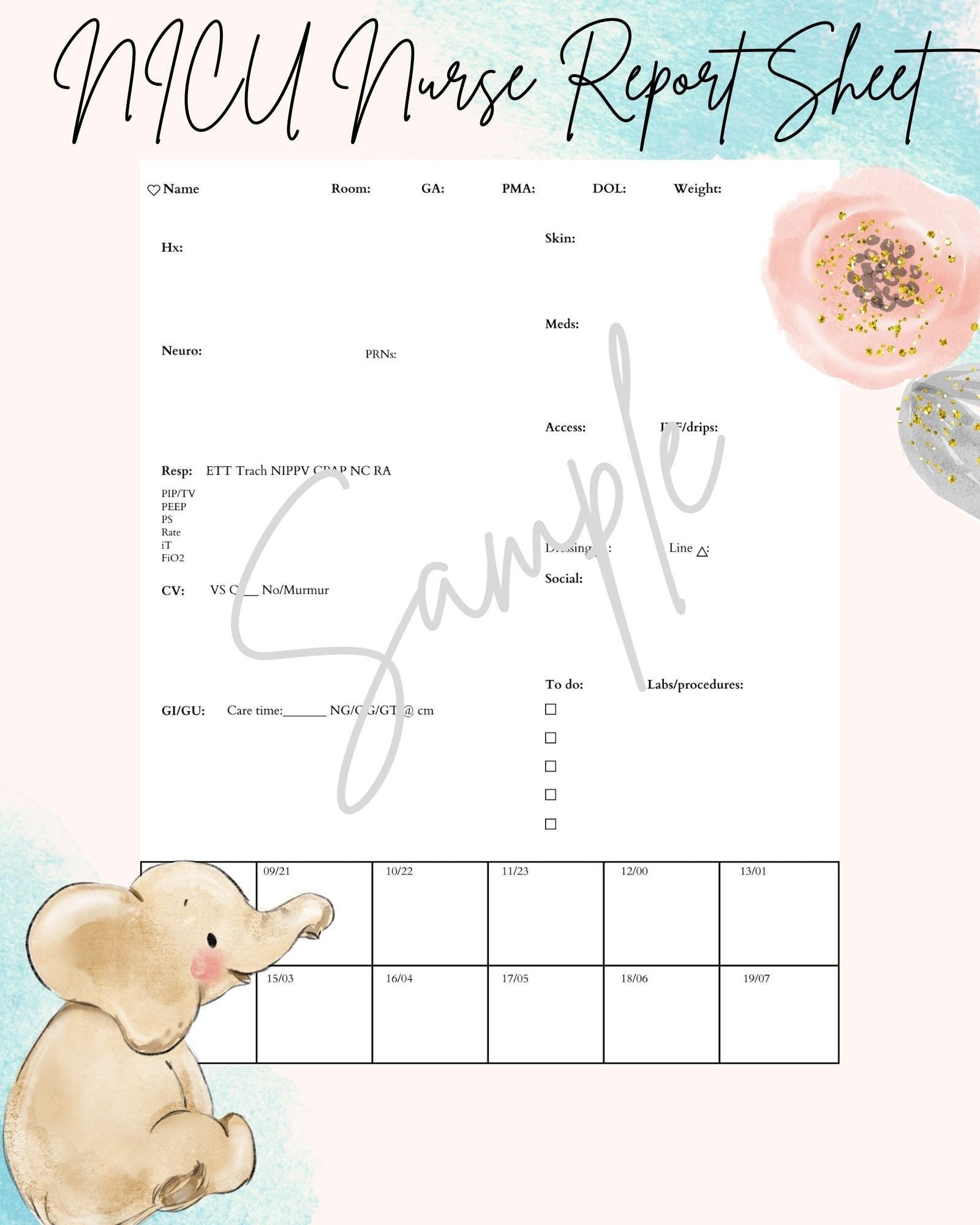 NICU Nurse Report Sheet Template // Neonatal Intensive Care Unit PDF